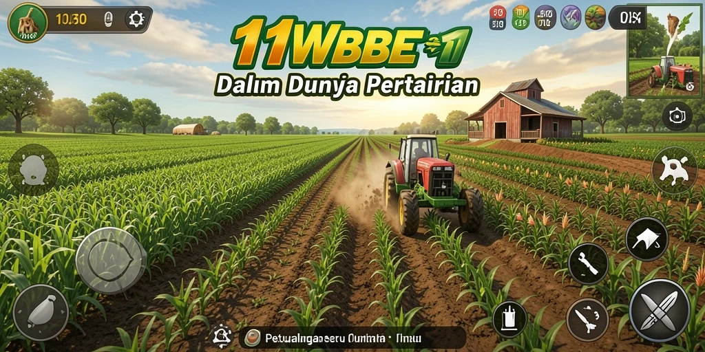 Screenshot gameplay 11WBET yang menunjukkan ladang subur dan tanaman yang siap panen.
